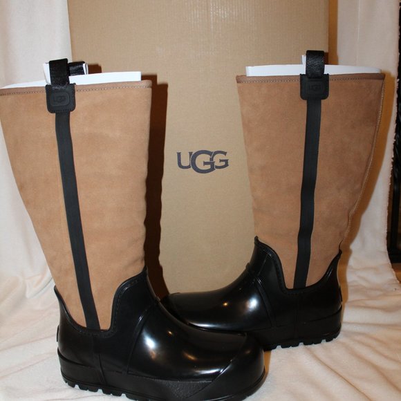 NIB UGG WOMEN'S RAINCLOUD TALL SUEDE SHEARLING RAIN WINTER BOOTS CHESTNUT BLACK - Picture 2 of 9
